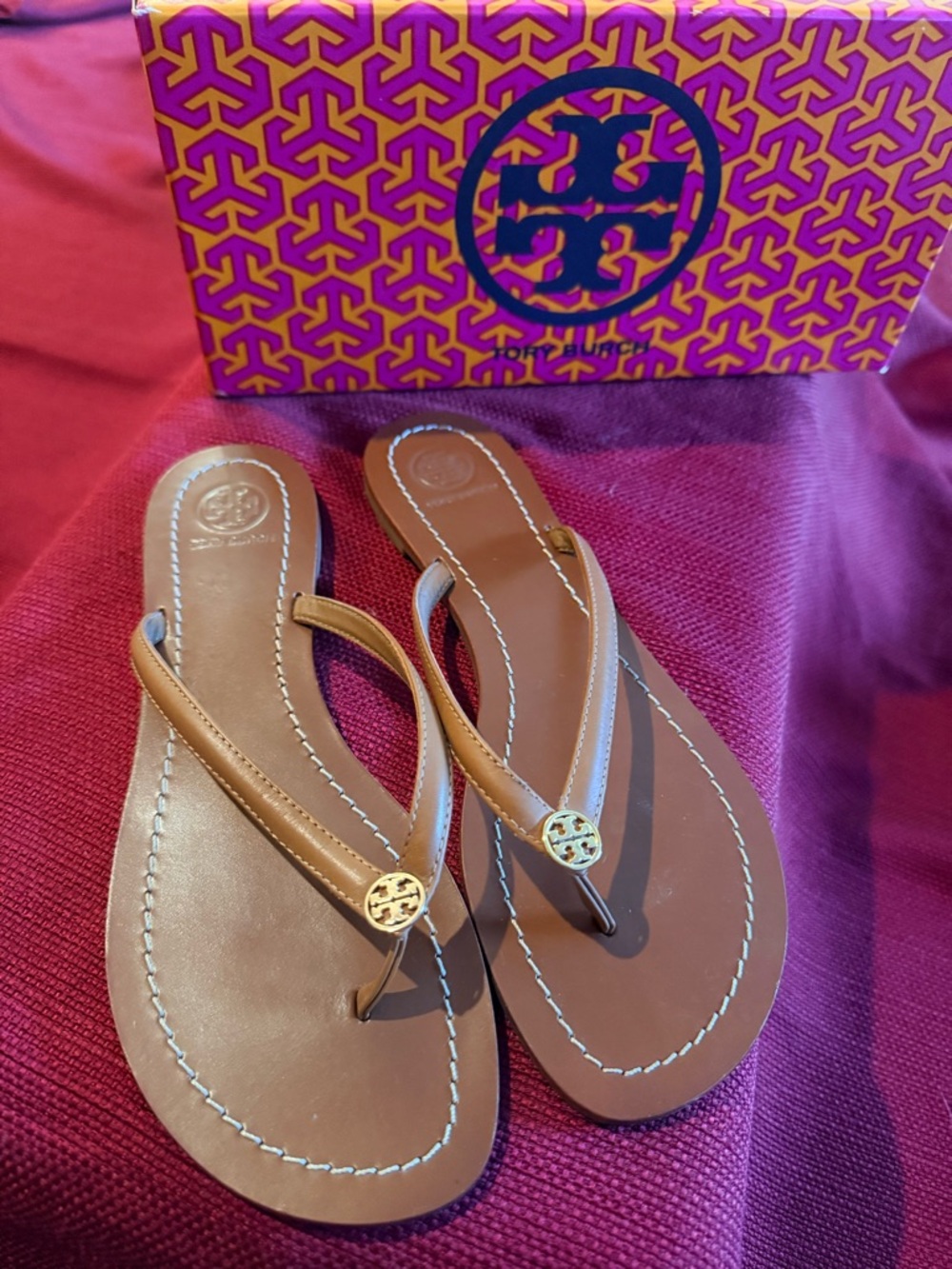Tory Burch Royal Tan & Gold Terra Thong Veg Leather Sandal Box - Picture 11 of 12